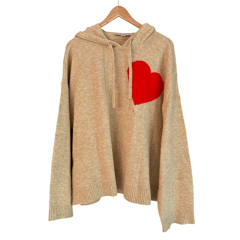 LOFT Heart Hoodie Sweater Tan Sand Red Intarsia Knit Pullover XL